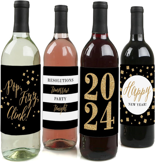 New Year'S Eve - Gold - 2024 New Years Eve Party Decorations for Women and Men - Wine Bottle Label Stickers - Set of 4