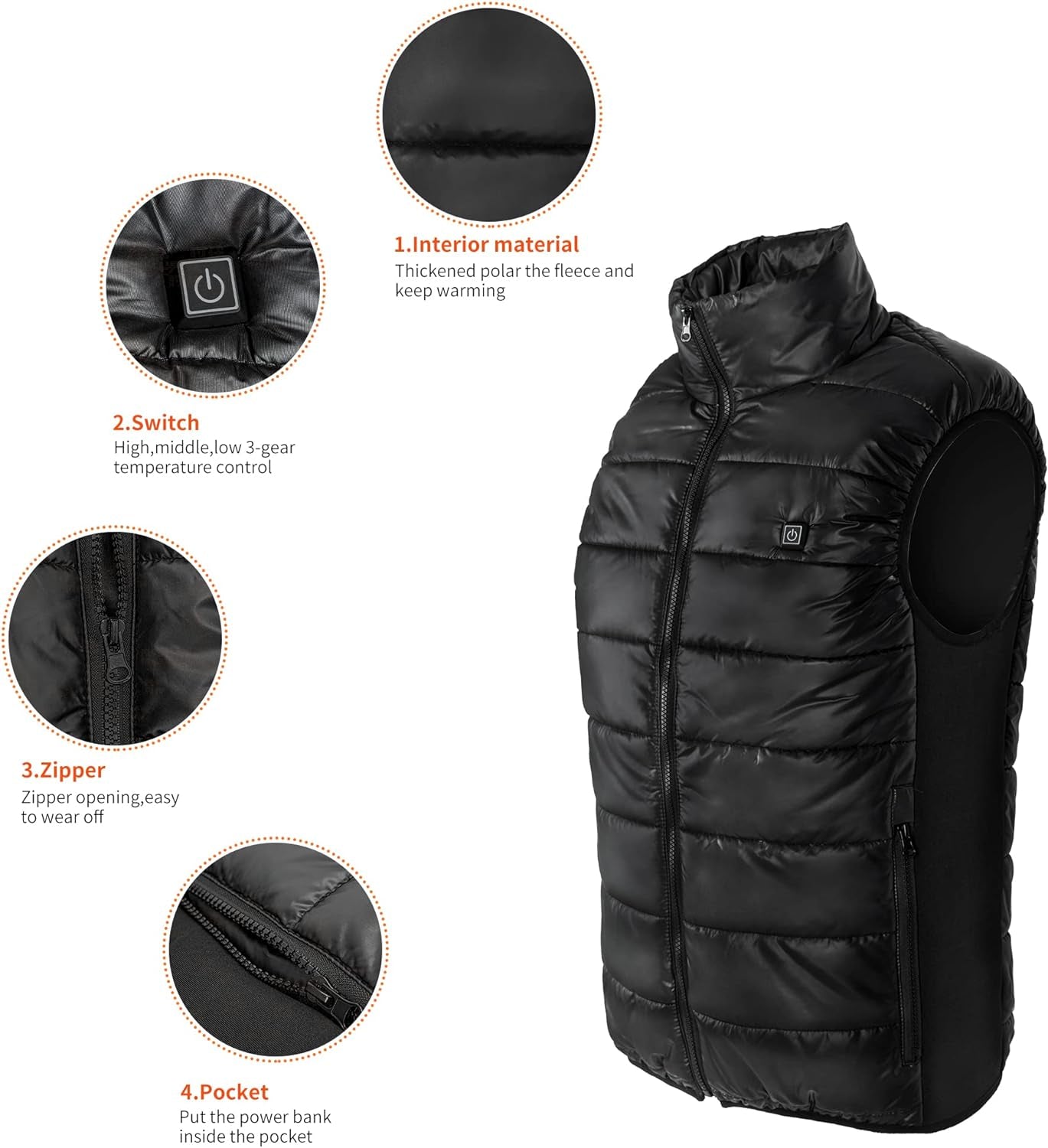 Heated Vest for Men TOSOHMK Warmer Heated Jacket Lightweight Black Electric Warming Vest for Snow Motorcycle Hunting Fishing