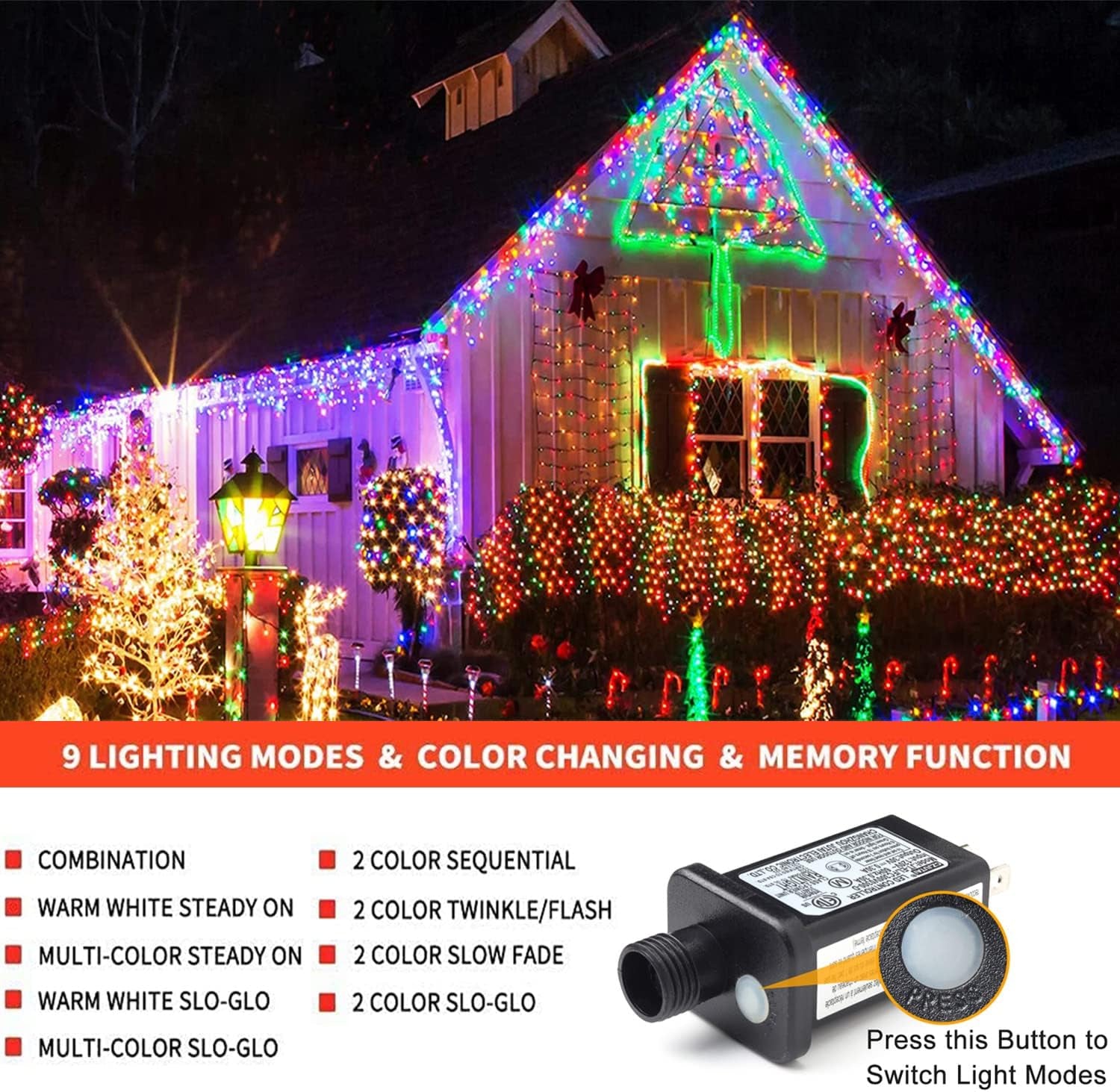 Haili 108FT Color Changing Christmas Lights, 300 LED Christmas Lights Outdoor, UL Certified 9 Lighting Modes for House Christmas Decoration, Christmas Tree Lights with Timer Remote