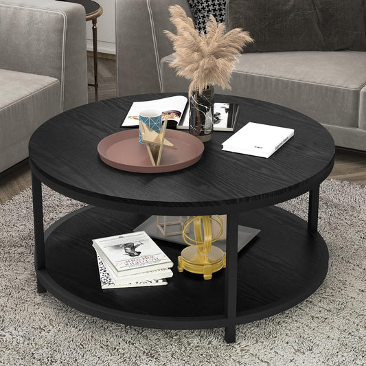 36 Inches round Coffee Table, Rustic Wooden Surface Top & Sturdy Metal Legs Industrial Sofa Table for Living Room Modern Design Home Furniture with Storage Open Shelf (Black)