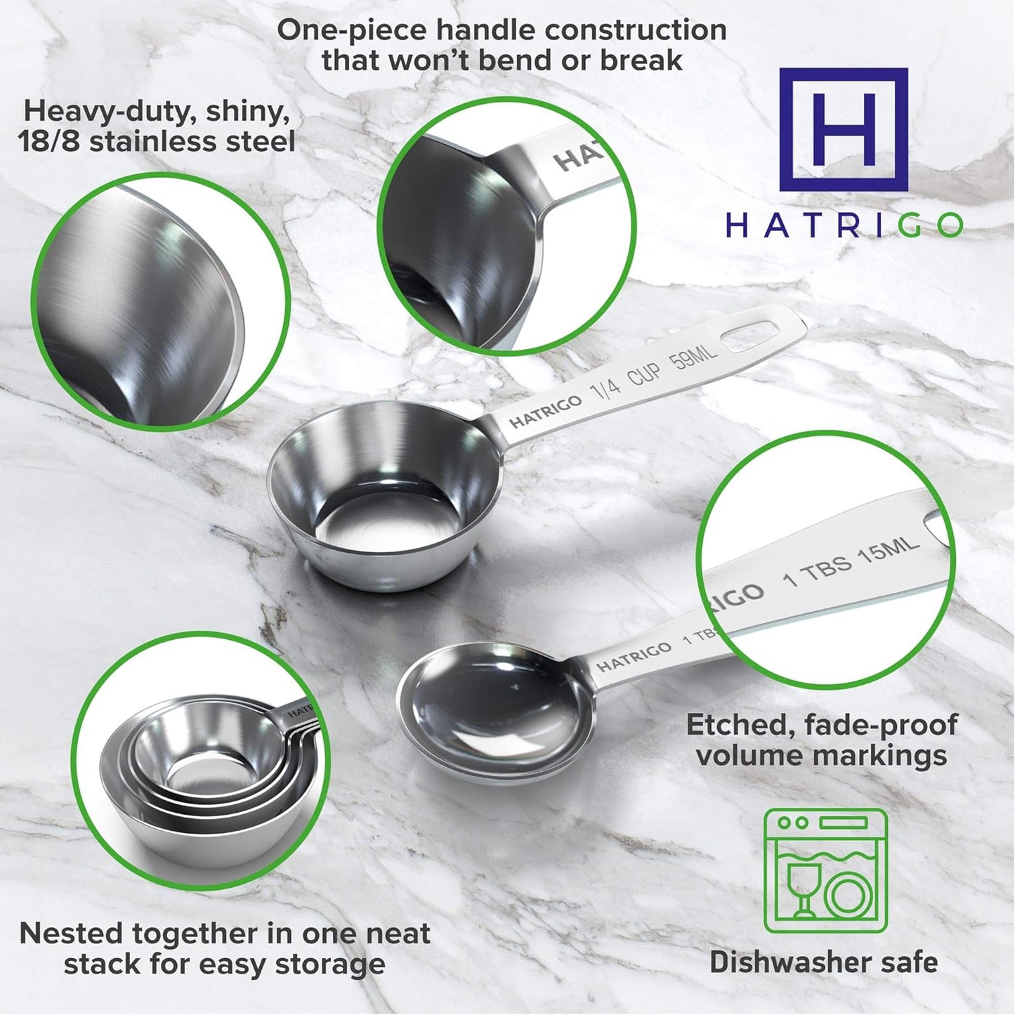 Heavy Duty Professional Stainless Steel Measuring Cups and Spoons Set of 8 with One Solid Piece Construction (No Welded Handles), Heavy Duty Thick Steel, Built to Last a Lifetime