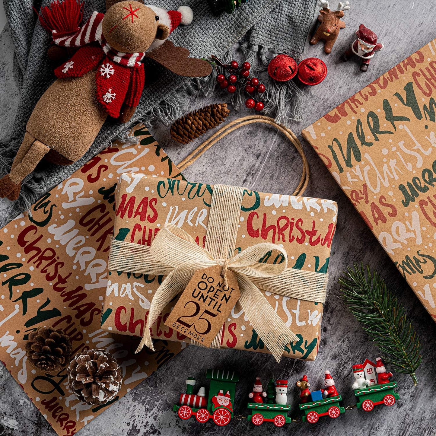 Christmas Wrapping Paper, Kraft Paper - Snowflakes, Car and Christmas Tree, Stripes and Merry Christmas - 4 Rolls - 30 Inches X 10 Feet per Roll