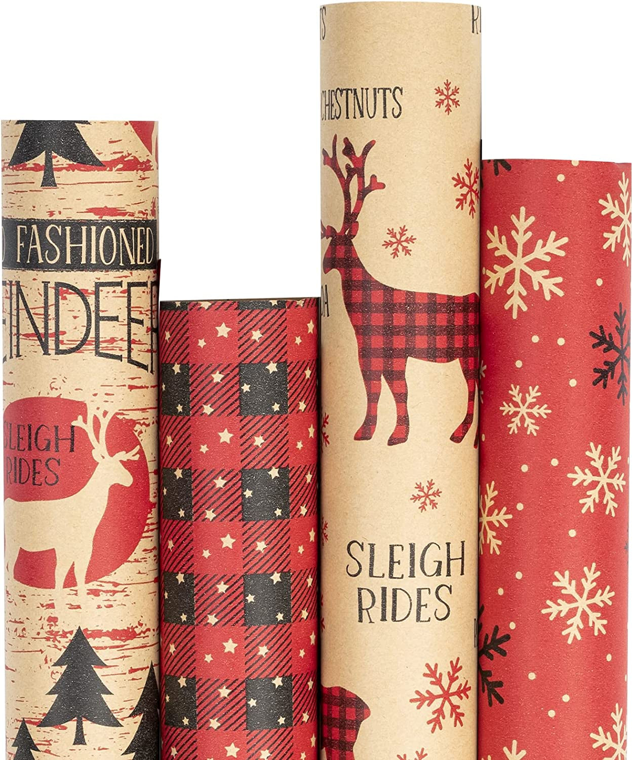 Christmas Wrapping Paper, Kraft Paper - Red and Black Christmas Designs - 4 Rolls - 30 Inches X 10 Feet per Roll