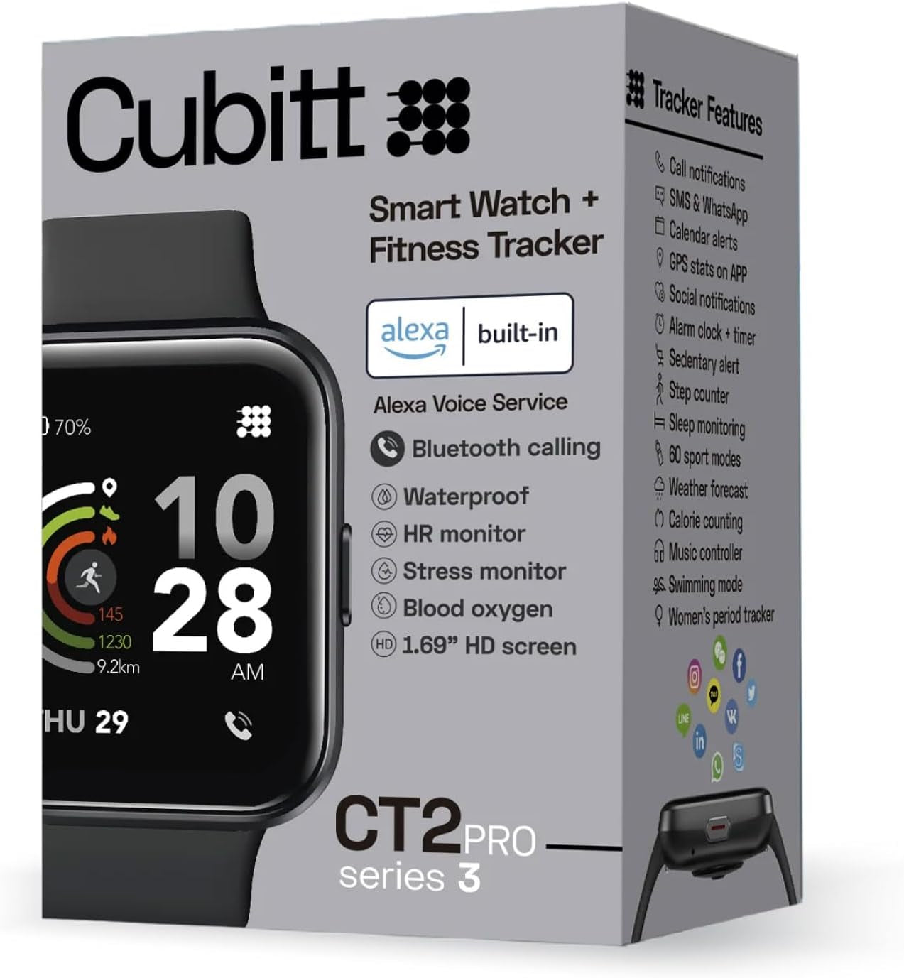 Cubitt Ct2Pro Series 3 Smart Watch with 1.69" Touch Screen, Fitness Tracker with Alexa Built-In, Bluetooth Calling, Blood Oxygen, Heart Rate, Stress and Sleep Monitor, Waterproof, Step Counter