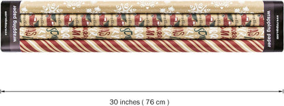 Christmas Wrapping Paper, Kraft Paper - Snowflakes, Car and Christmas Tree, Stripes and Merry Christmas - 4 Rolls - 30 Inches X 10 Feet per Roll